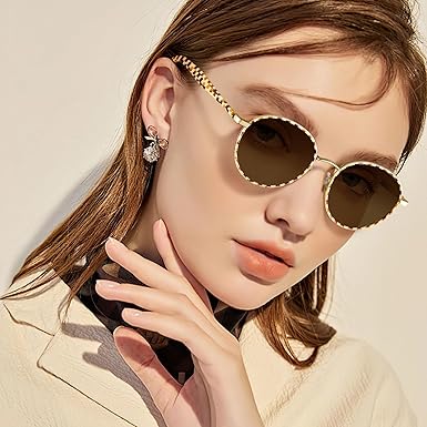 Retro Round Polarized Sunglasses for Women UV Protection Acetate Arms Metal Frame Driving Glasses