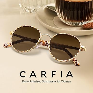 Retro Round Polarized Sunglasses for Women UV Protection Acetate Arms Metal Frame Driving Glasses