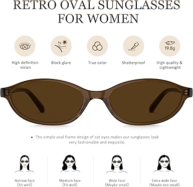 Sunglasses Womens Retro Oval Sunglasses for Women - Cat Eye 90s Glasses Y2K UV400 Lightweight Narrow Shades
