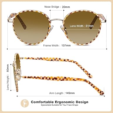 Retro Round Polarized Sunglasses for Women UV Protection Acetate Arms Metal Frame Driving Glasses