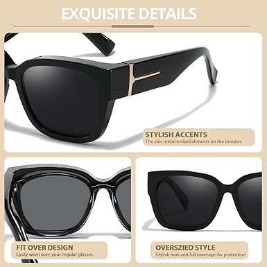 Polarized Sunglasses Fit Over Glasses for Women, Oversized Square Sunglasses for Driving & Outdoor UV400 Protection
